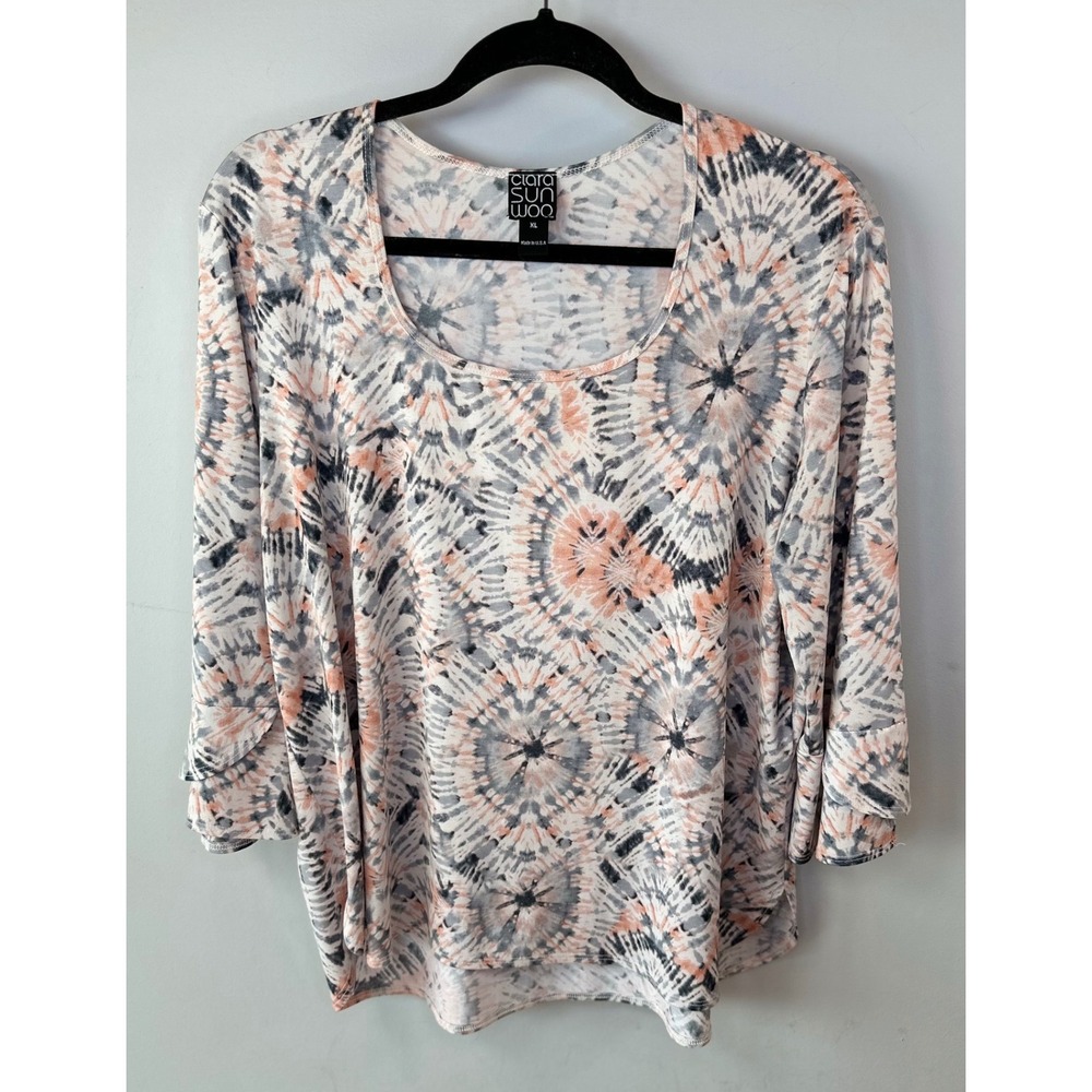 Clara SunWoo‎ Tie Dye 3/4 Sleeve Scoop Neck Top XL